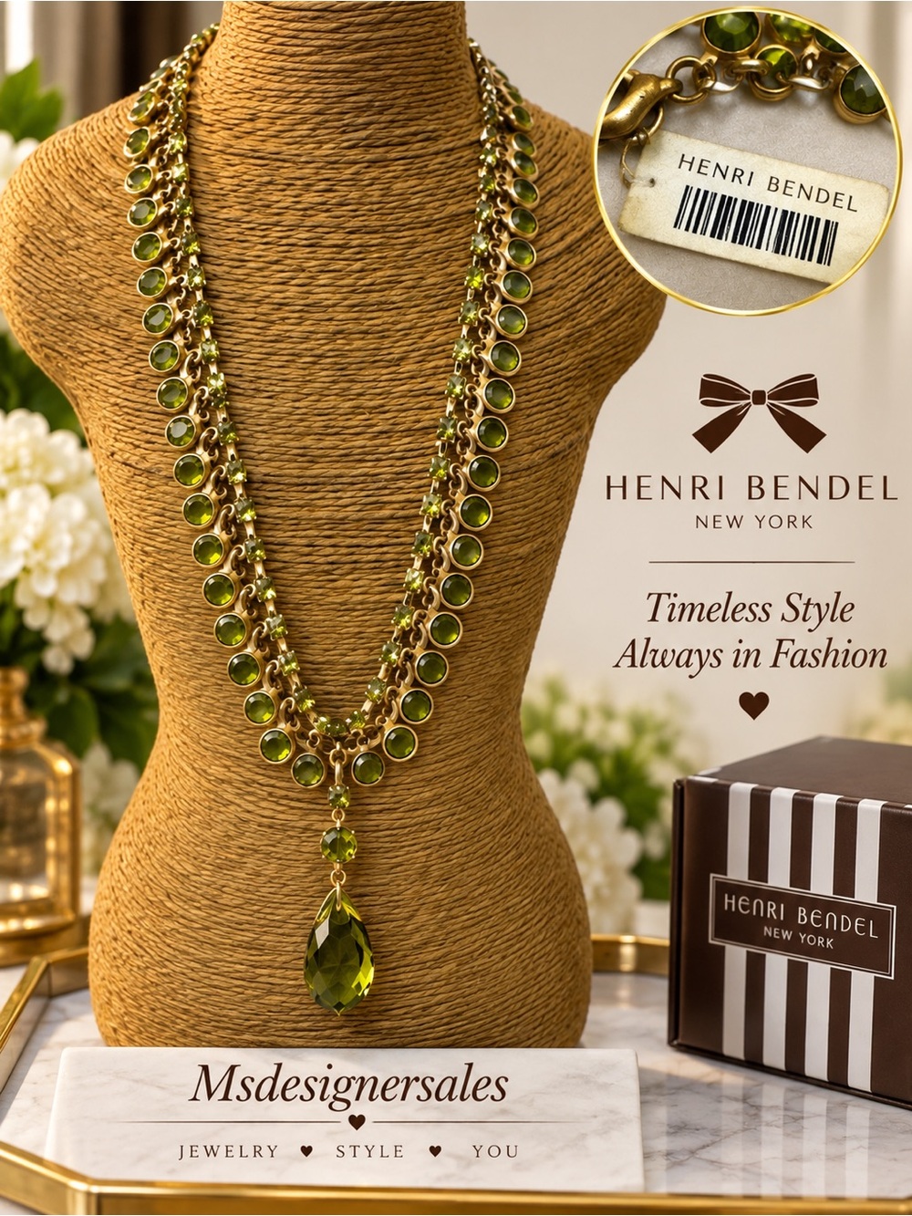 Henri Bendel Green Crystal Drop Double Strand Necklace